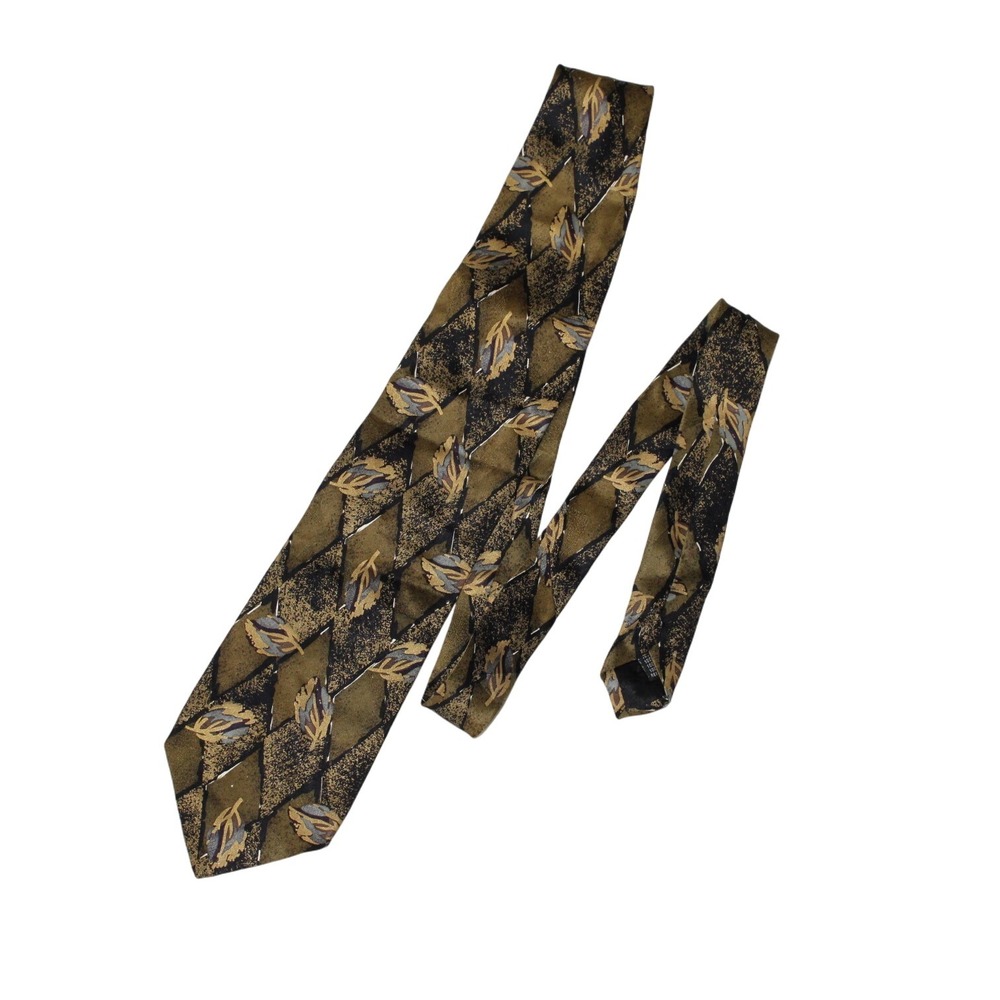 Prima Italy Mens 100 Silk‎ Abstract Leaf Pattern Tie Gold Black